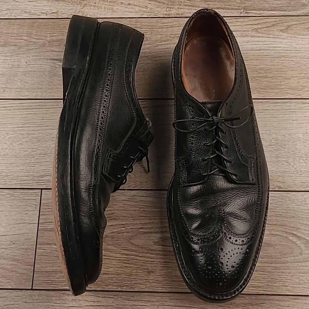 FLORSHEIM Imperial Black Leather Long Wing Tip Sz 11 B Mens‎ Dress Shoes VTG
